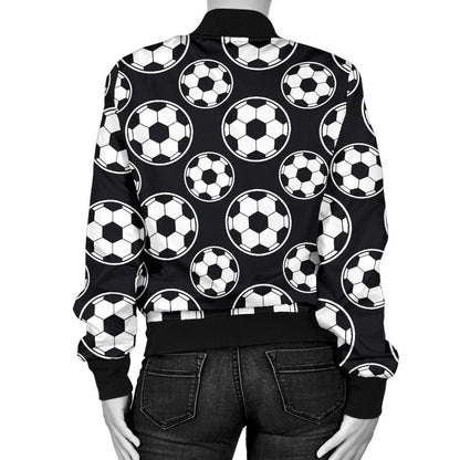 Soccer Ball Black Print Pattern Women Casual Bomber Jacket