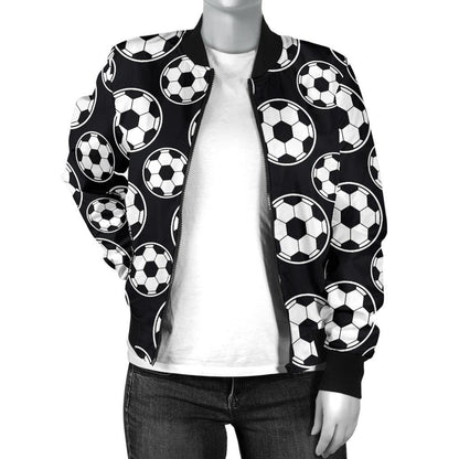 Soccer Ball Black Print Pattern Women Casual Bomber Jacket