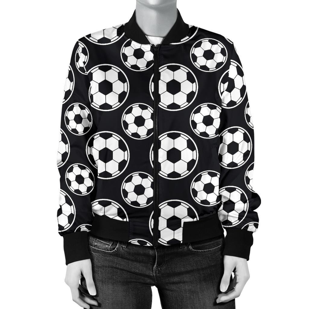 Soccer Ball Black Print Pattern Women Casual Bomber Jacket