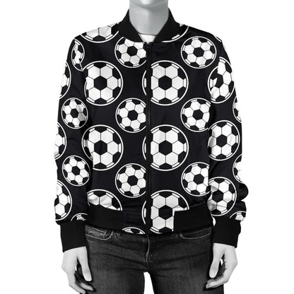 Soccer Ball Black Print Pattern Women Casual Bomber Jacket
