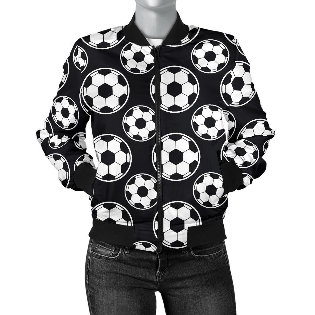 Soccer Ball Black Print Pattern Women Casual Bomber Jacket