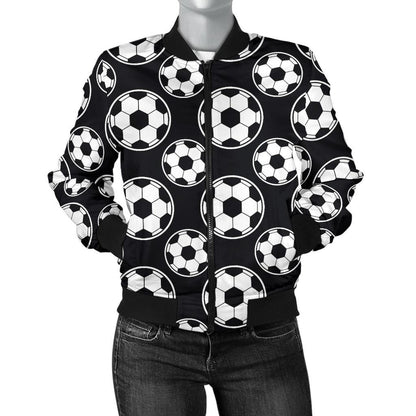 Soccer Ball Black Print Pattern Women Casual Bomber Jacket