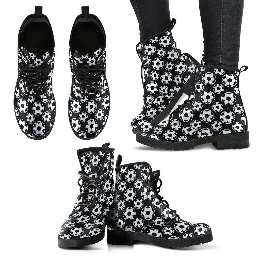 Soccer Ball Black Print Pattern Women Leather Boots-JTAMIGO.COM