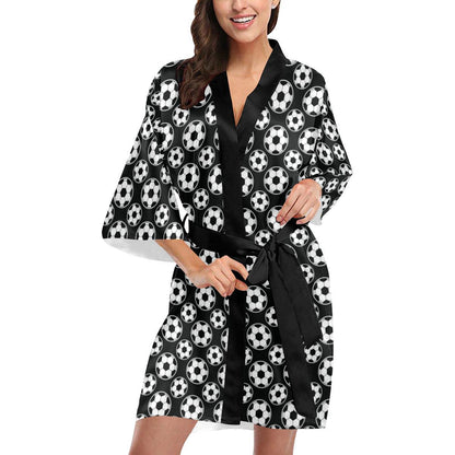 Soccer Ball Black Print Pattern Women Short Kimono Robe