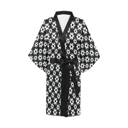 Soccer Ball Black Print Pattern Women Short Kimono Robe
