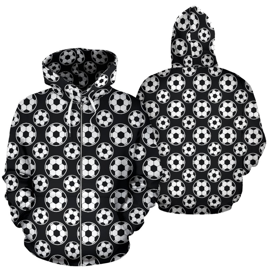 Soccer Ball Black Print Pattern Zip Up Hoodie