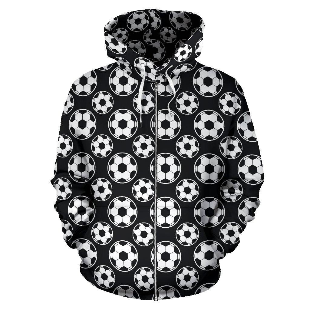 Soccer Ball Black Print Pattern Zip Up Hoodie