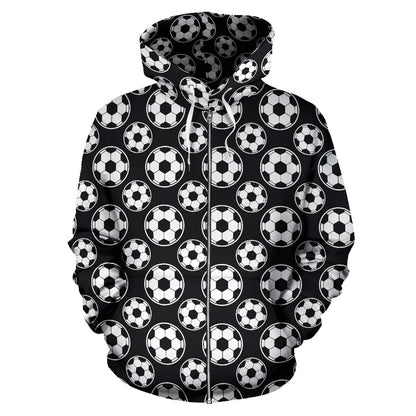Soccer Ball Black Print Pattern Zip Up Hoodie
