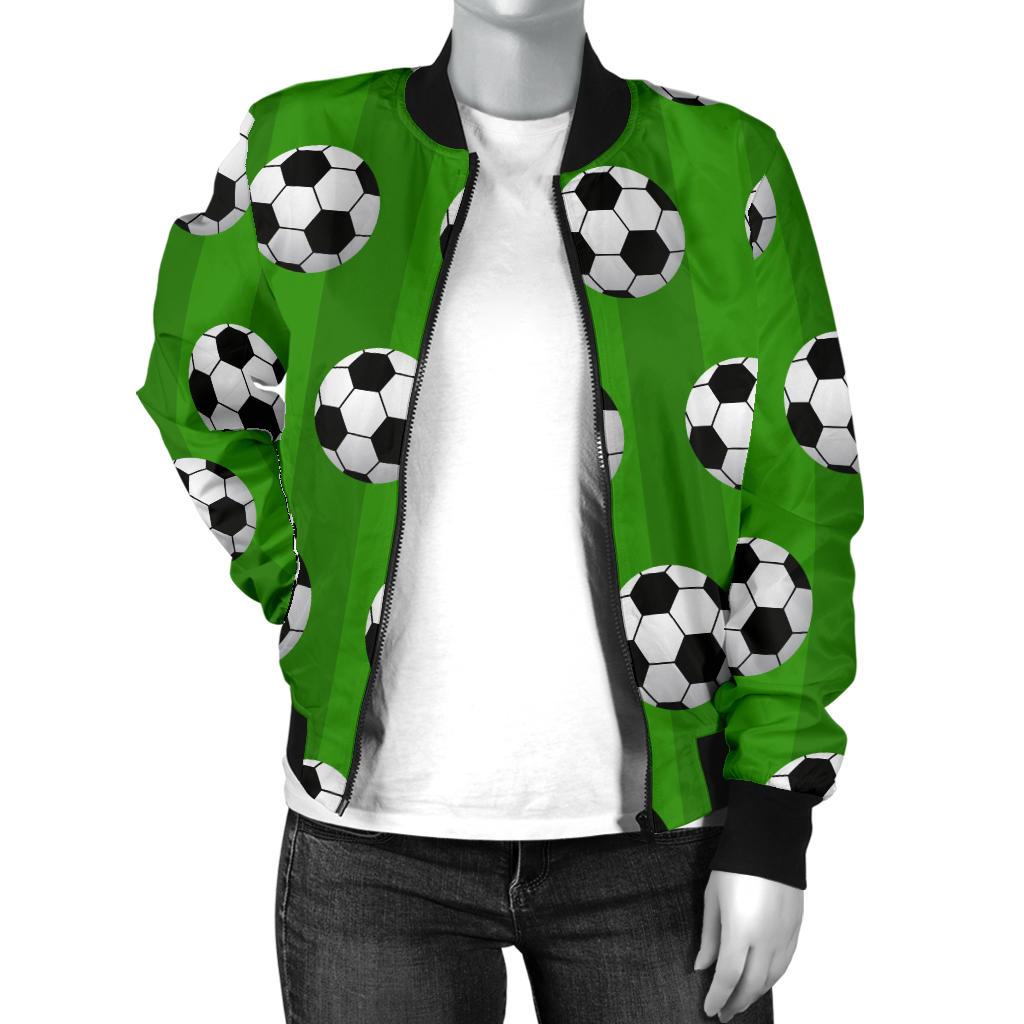 Soccer Ball Green Background Print Women Casual Bomber Jacket