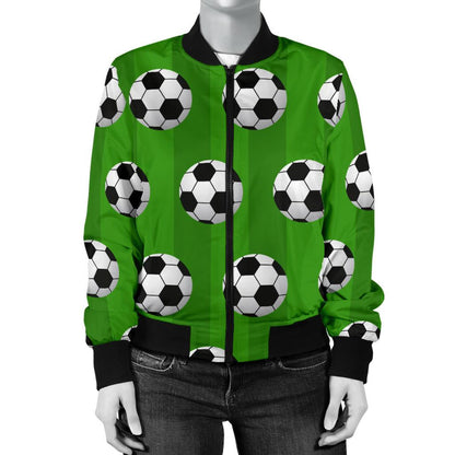 Soccer Ball Green Background Print Women Casual Bomber Jacket