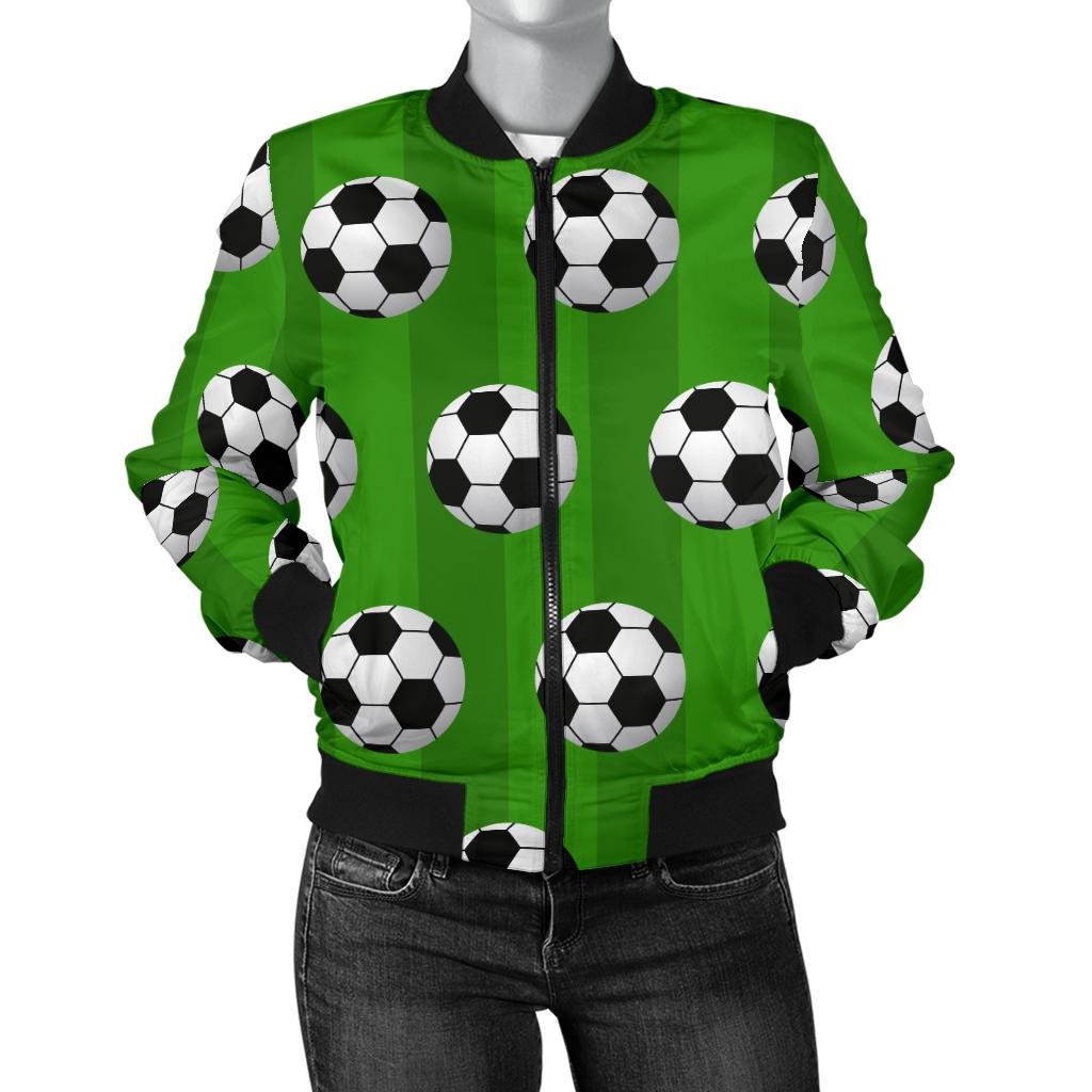 Soccer Ball Green Background Print Women Casual Bomber Jacket