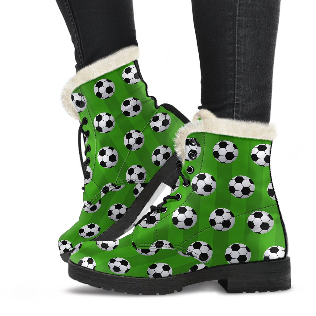 Soccer Ball Green Backgrpund Print Faux Fur Leather Boots-JTAMIGO.COM