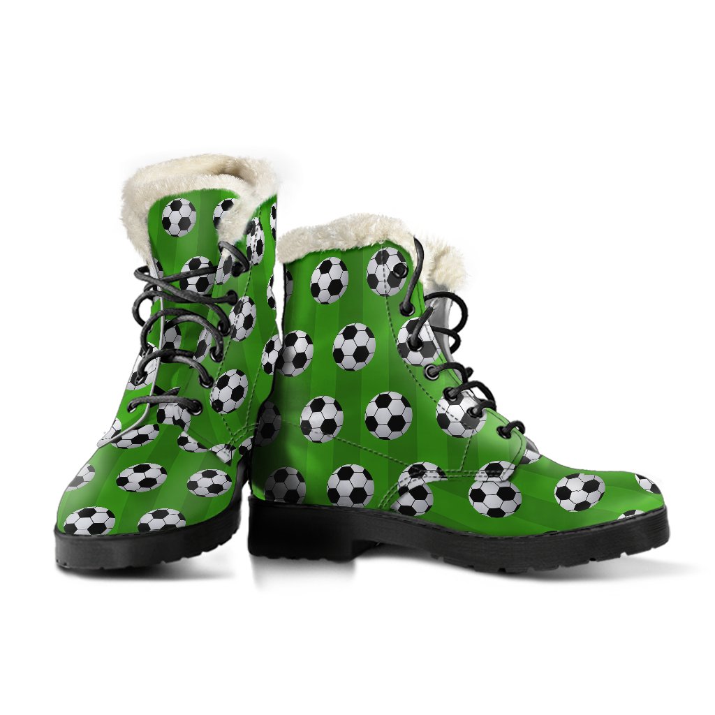 Soccer Ball Green Backgrpund Print Faux Fur Leather Boots-JTAMIGO.COM