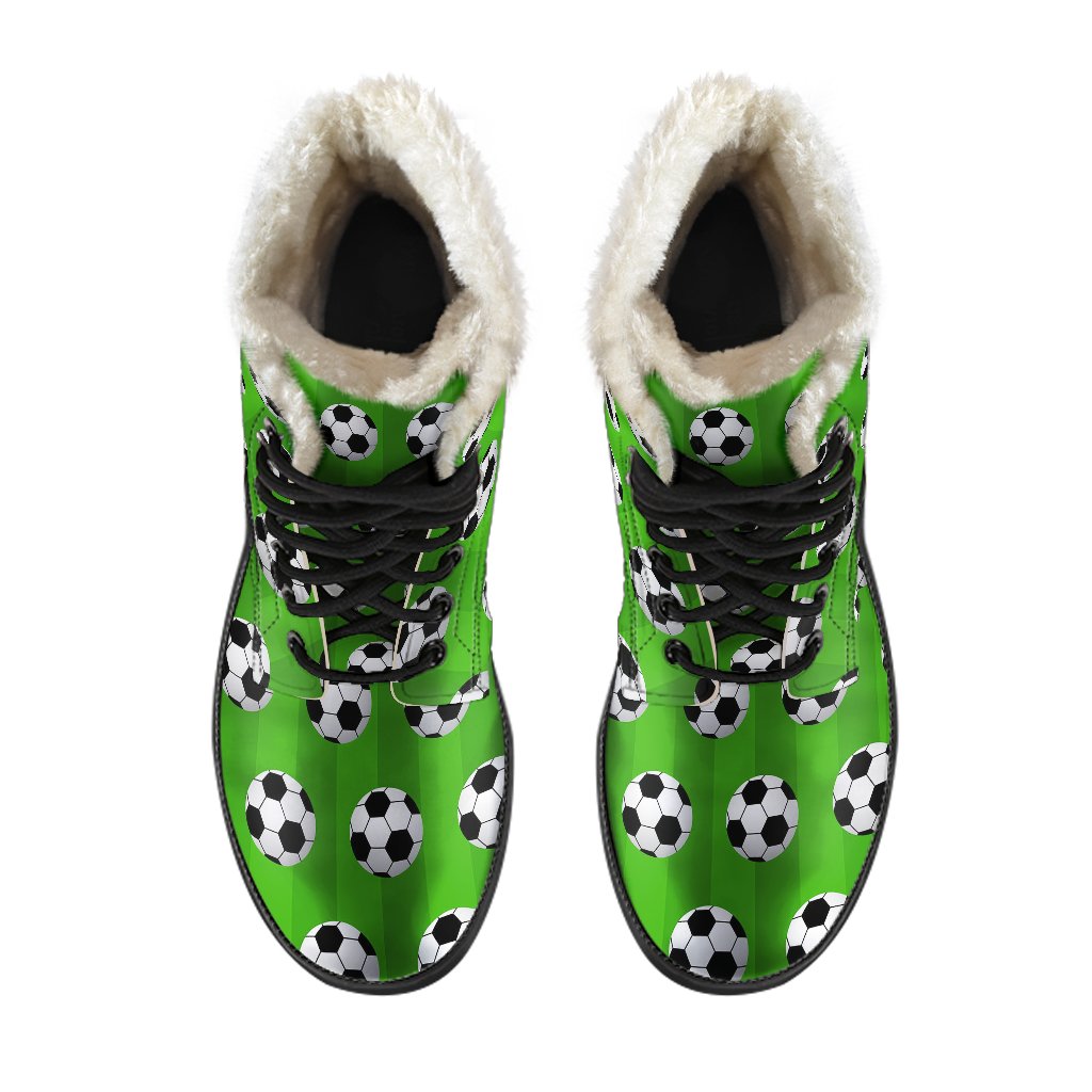 Soccer Ball Green Backgrpund Print Faux Fur Leather Boots-JTAMIGO.COM