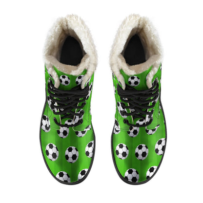Soccer Ball Green Backgrpund Print Faux Fur Leather Boots-JTAMIGO.COM