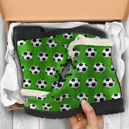Soccer Ball Green Backgrpund Print Faux Fur Leather Boots-JTAMIGO.COM