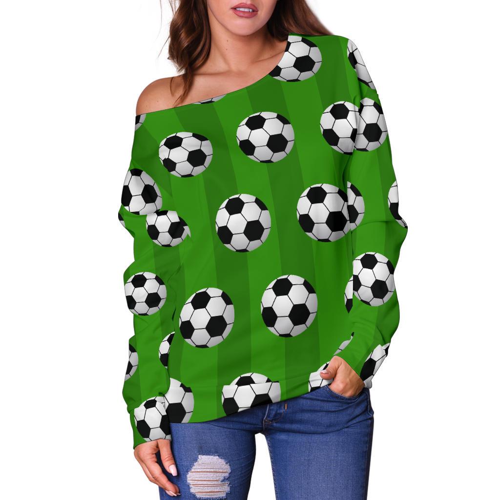 Soccer Ball Green Backgrpund Print Off Shoulder Sweatshirt