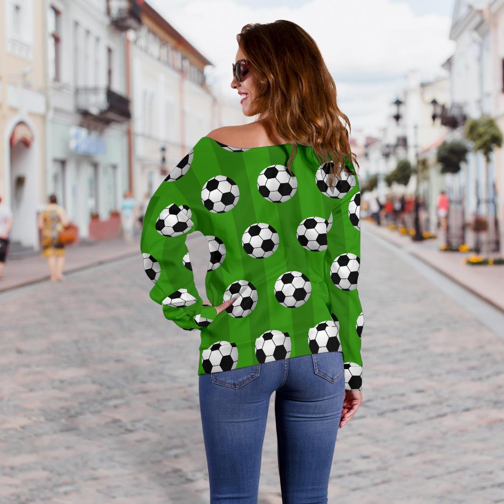 Soccer Ball Green Backgrpund Print Off Shoulder Sweatshirt