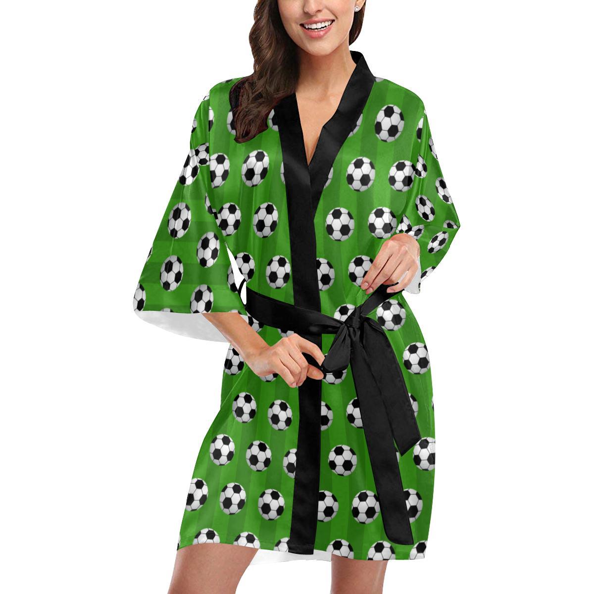 Soccer Ball Green Backgrpund Print Women Short Kimono Robe