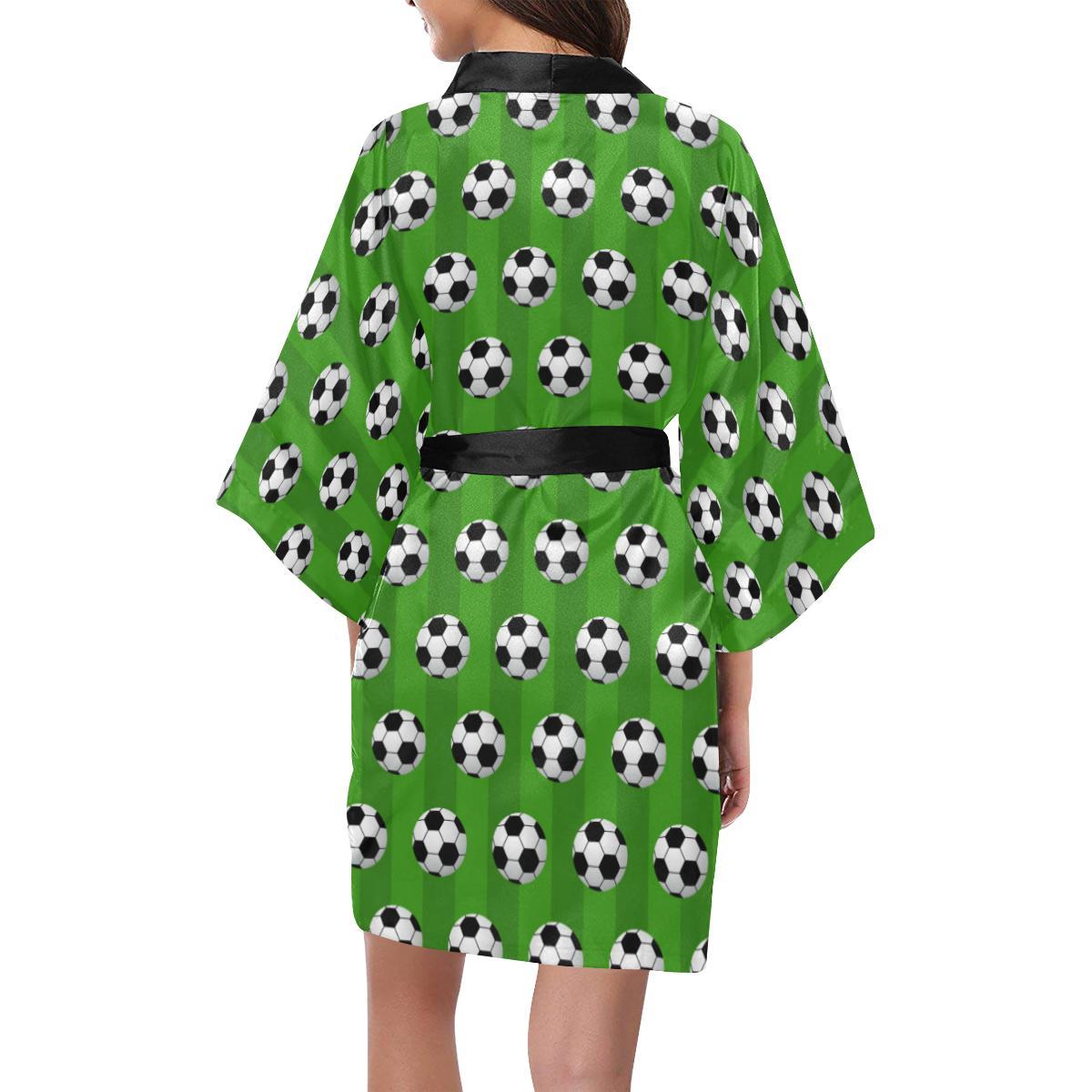 Soccer Ball Green Backgrpund Print Women Short Kimono Robe