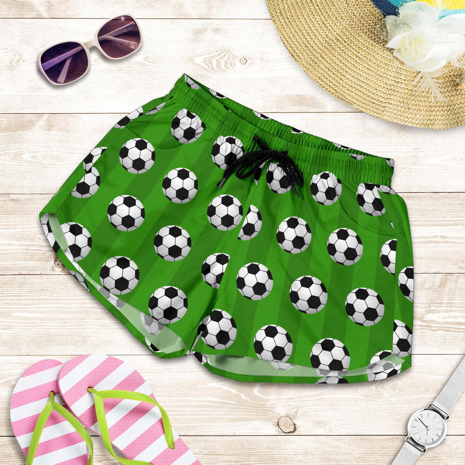 Soccer Ball Green Backgrpund Print Women Shorts-JTAMIGO.COM