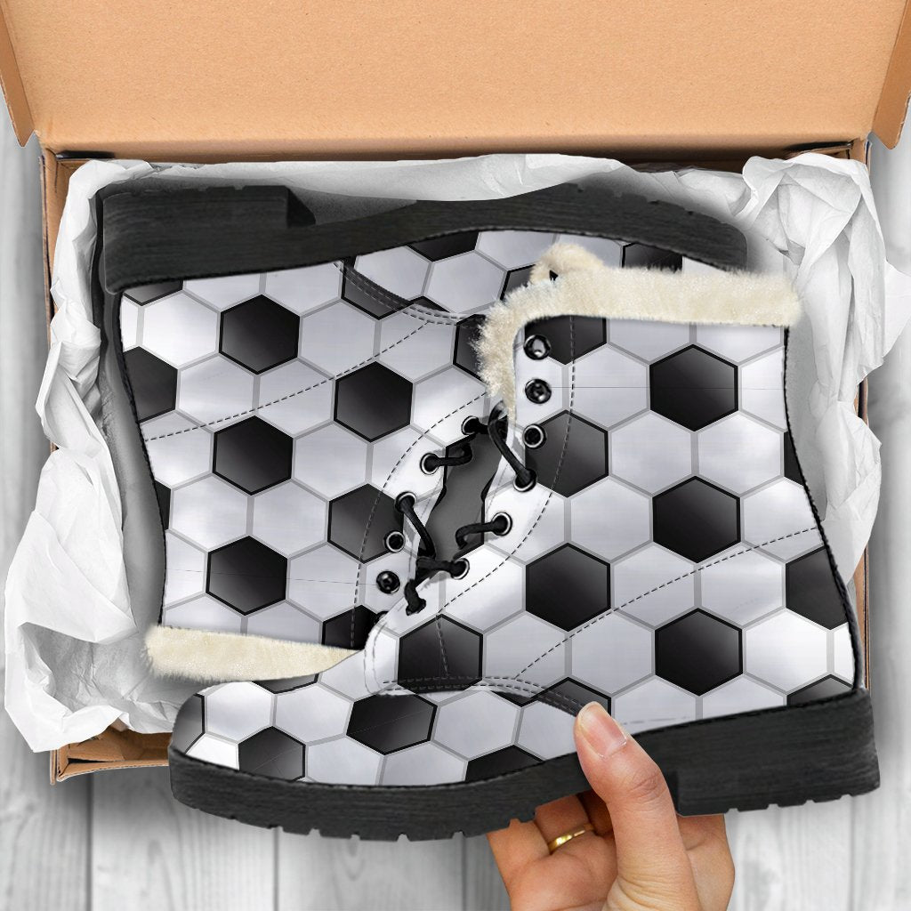 Soccer Ball Texture Print Pattern Faux Fur Leather Boots-JTAMIGO.COM
