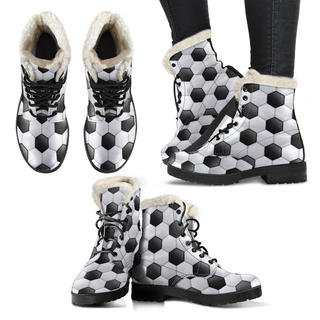 Soccer Ball Texture Print Pattern Faux Fur Leather Boots-JTAMIGO.COM