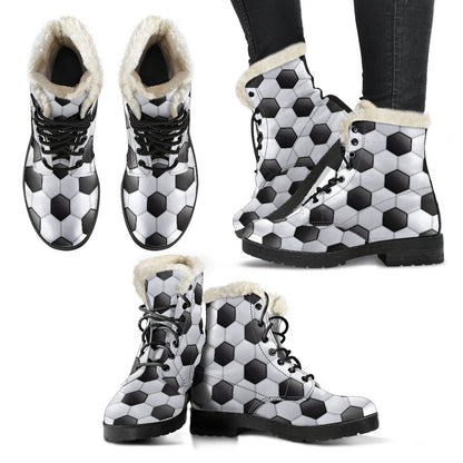 Soccer Ball Texture Print Pattern Faux Fur Leather Boots-JTAMIGO.COM