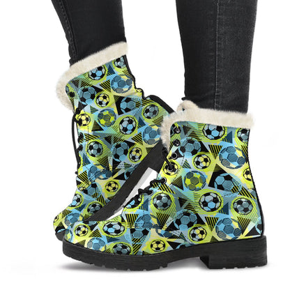 Soccer Ball Themed Print Design Faux Fur Leather Boots-JTAMIGO.COM