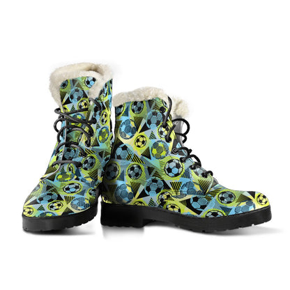 Soccer Ball Themed Print Design Faux Fur Leather Boots-JTAMIGO.COM