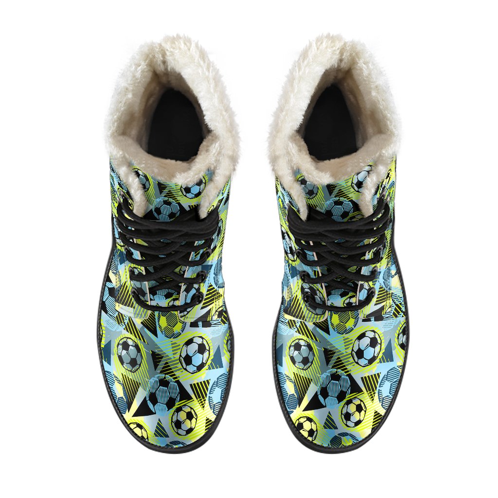 Soccer Ball Themed Print Design Faux Fur Leather Boots-JTAMIGO.COM
