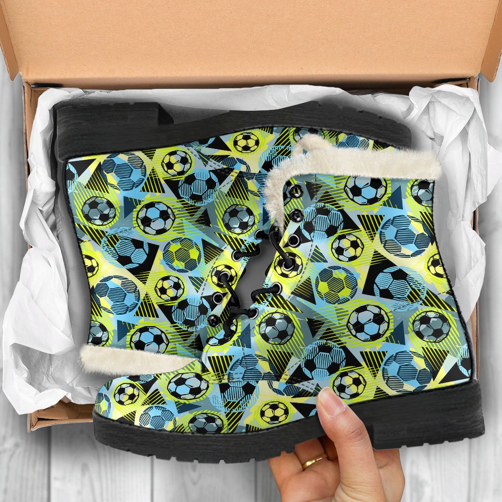 Soccer Ball Themed Print Design Faux Fur Leather Boots-JTAMIGO.COM