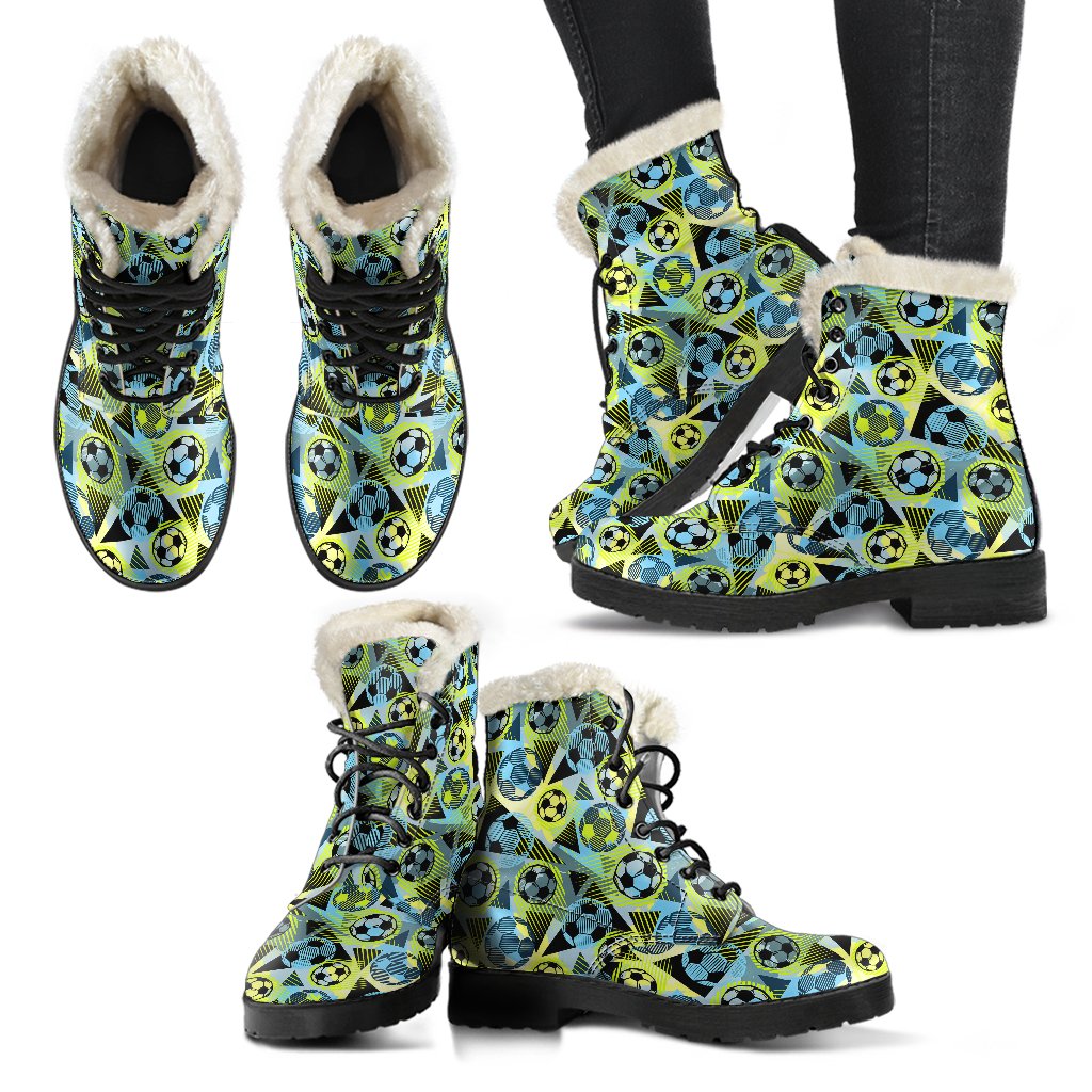Soccer Ball Themed Print Design Faux Fur Leather Boots-JTAMIGO.COM