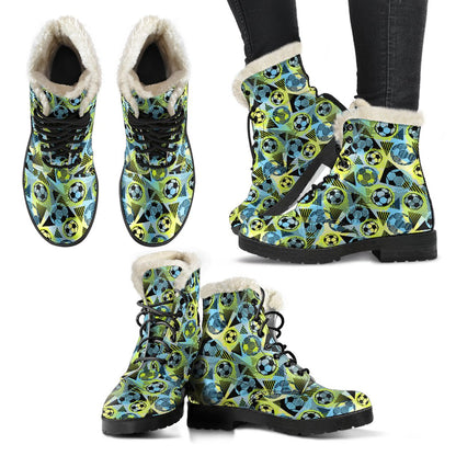 Soccer Ball Themed Print Design Faux Fur Leather Boots-JTAMIGO.COM