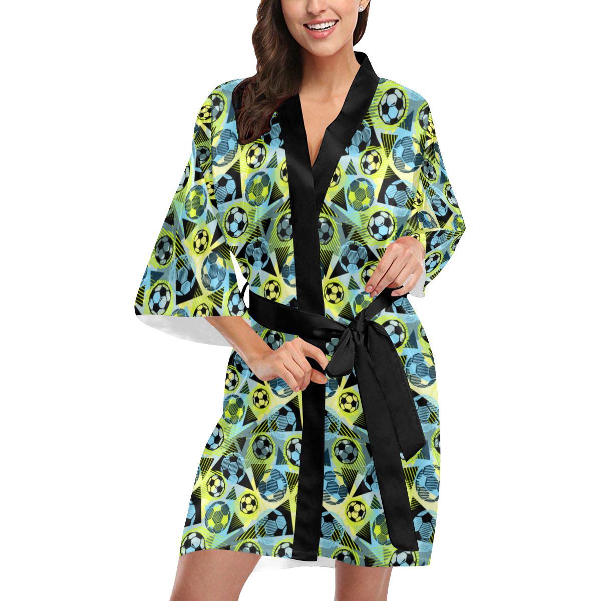 Soccer Ball Themed Print Design Women Short Kimono Robe