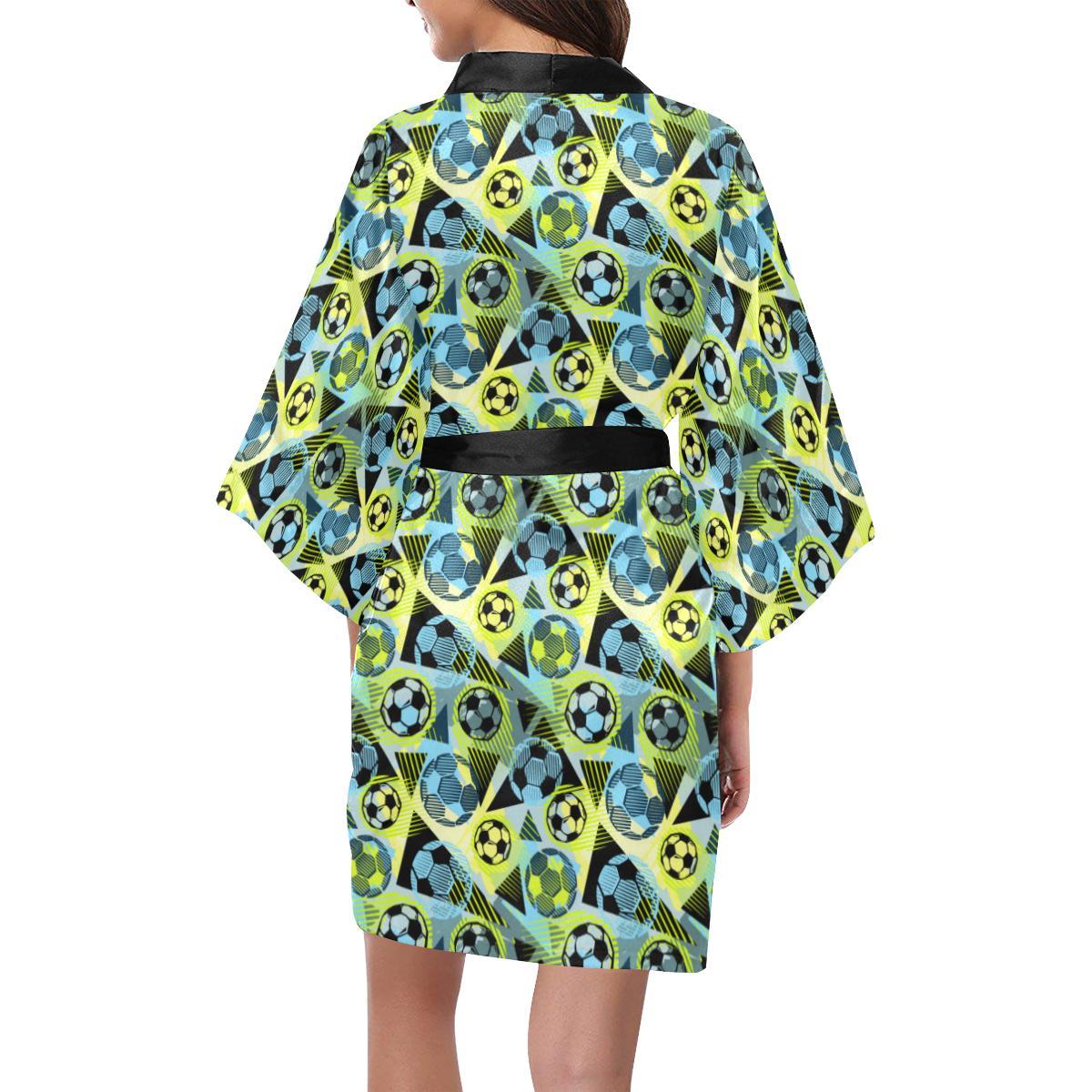 Soccer Ball Themed Print Design Women Short Kimono Robe