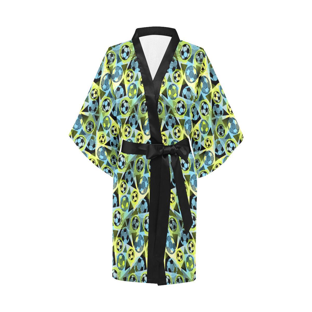Soccer Ball Themed Print Design Women Short Kimono Robe