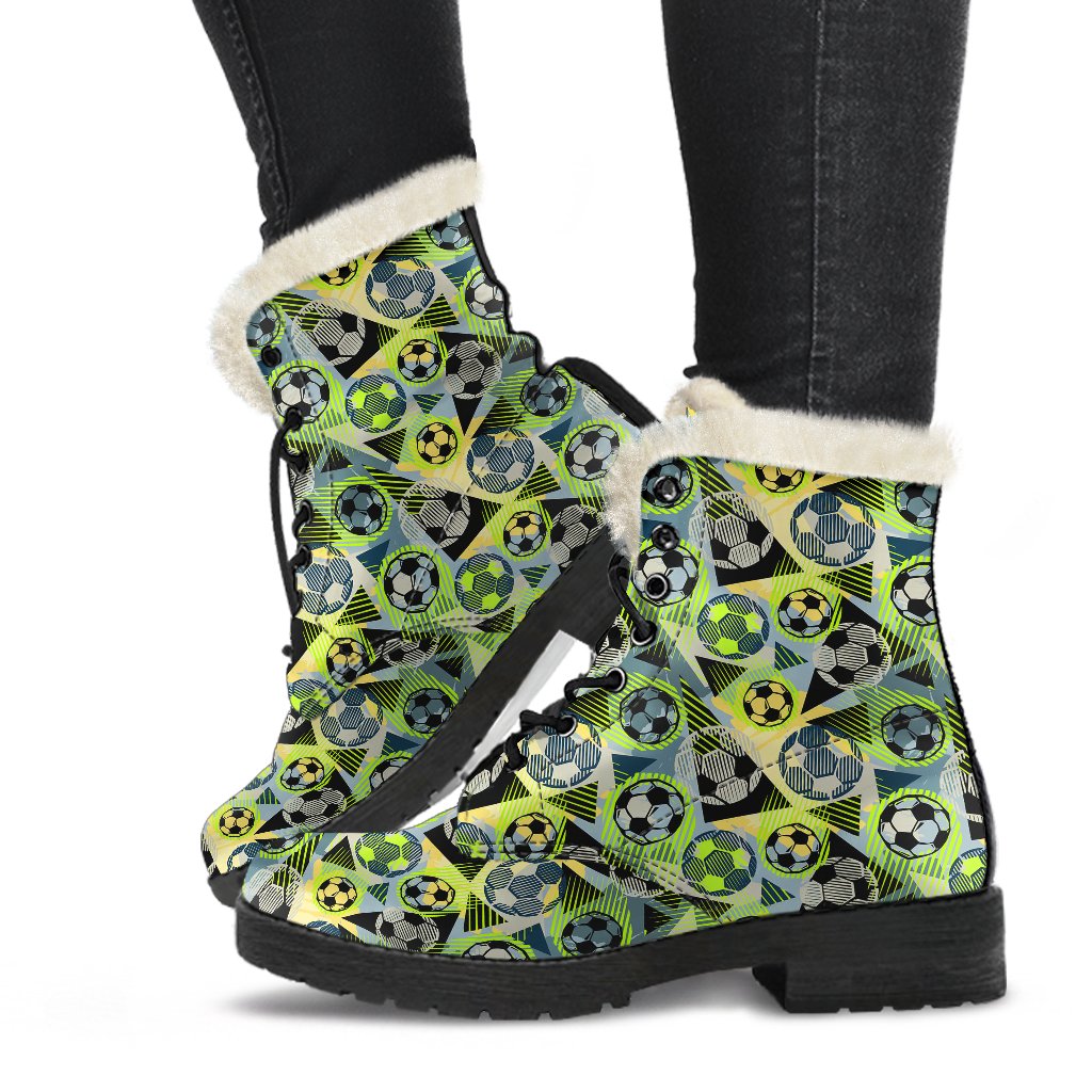 Soccer Ball Themed Print Pattern Faux Fur Leather Boots-JTAMIGO.COM