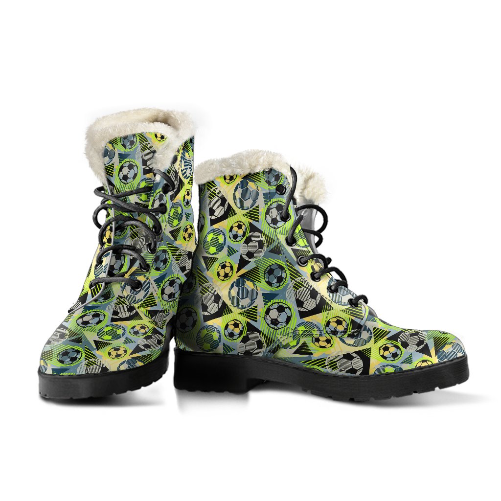 Soccer Ball Themed Print Pattern Faux Fur Leather Boots-JTAMIGO.COM