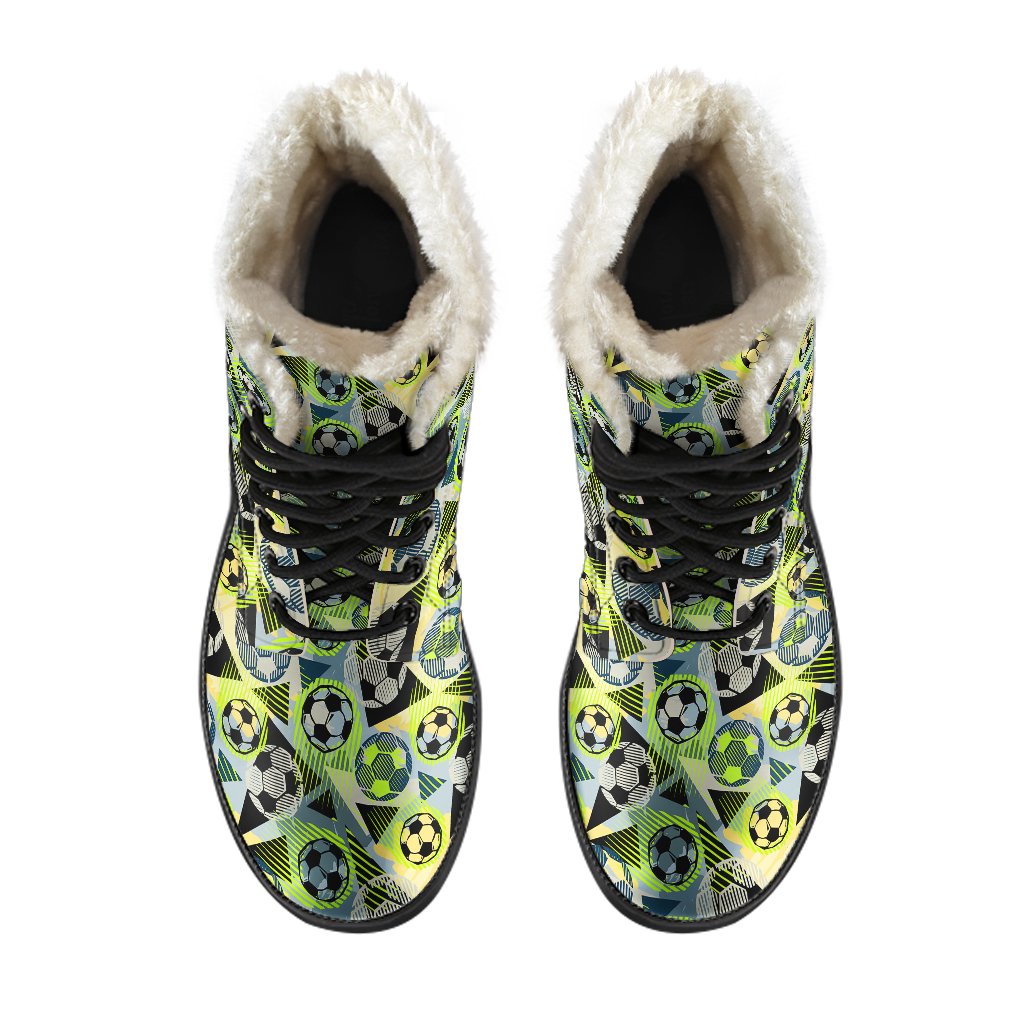 Soccer Ball Themed Print Pattern Faux Fur Leather Boots-JTAMIGO.COM