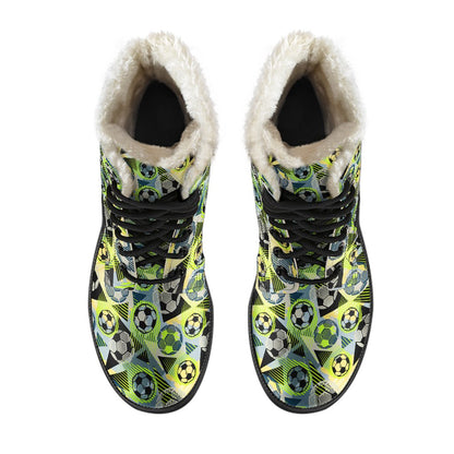 Soccer Ball Themed Print Pattern Faux Fur Leather Boots-JTAMIGO.COM