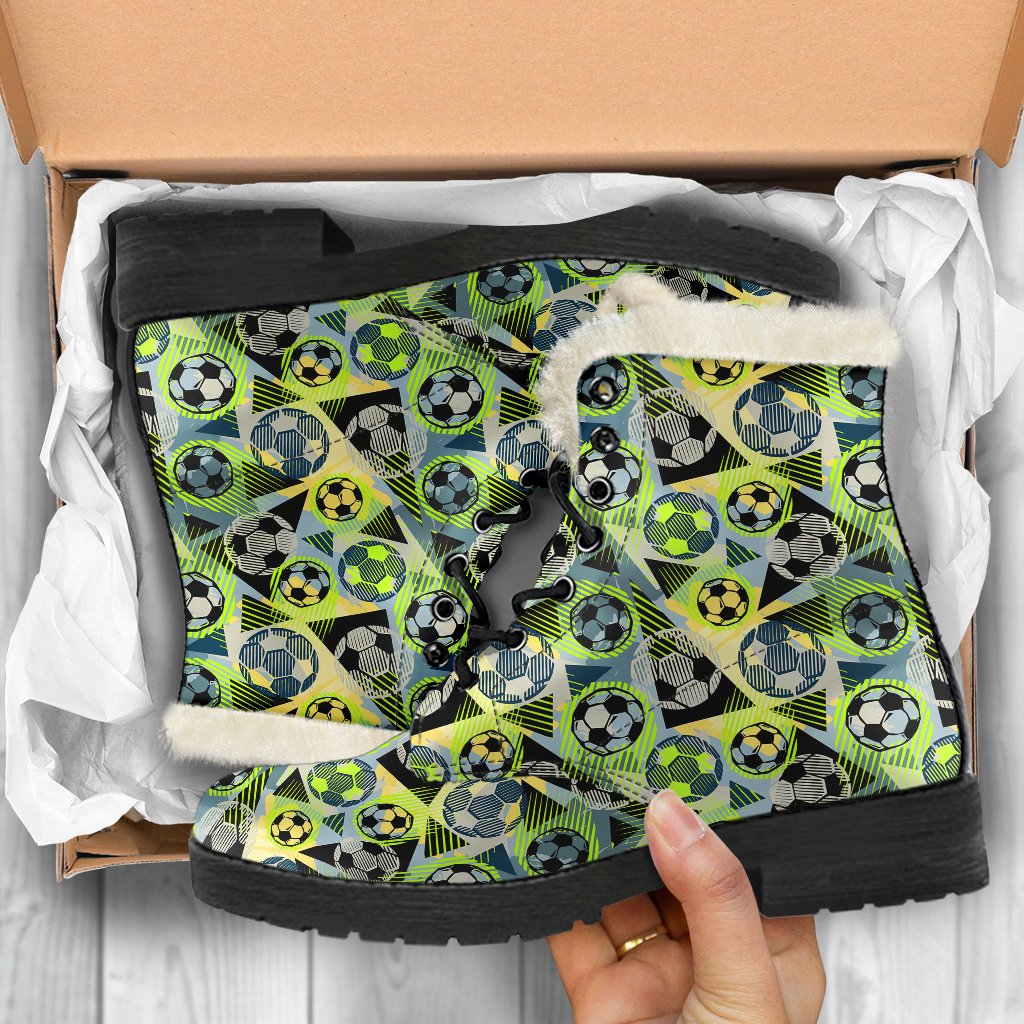 Soccer Ball Themed Print Pattern Faux Fur Leather Boots-JTAMIGO.COM