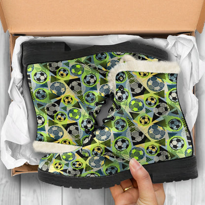 Soccer Ball Themed Print Pattern Faux Fur Leather Boots-JTAMIGO.COM