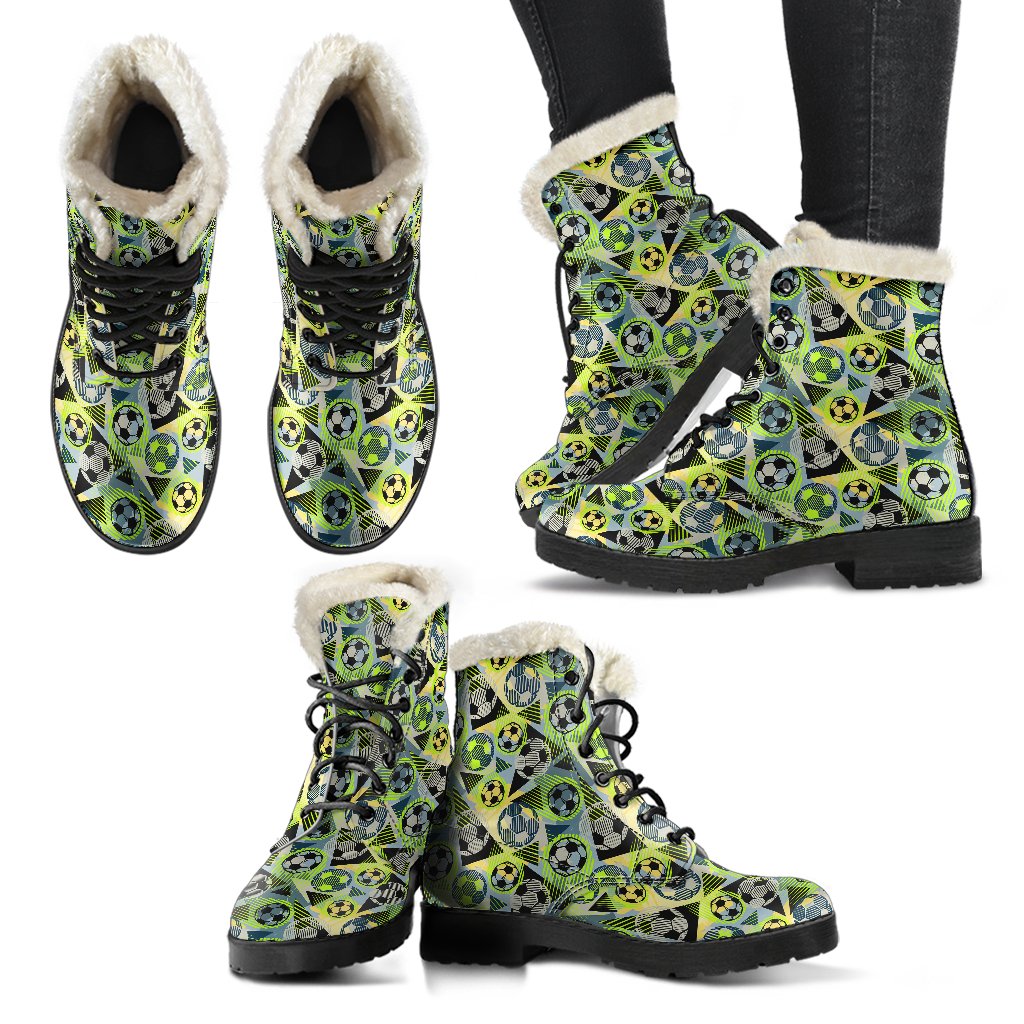 Soccer Ball Themed Print Pattern Faux Fur Leather Boots-JTAMIGO.COM