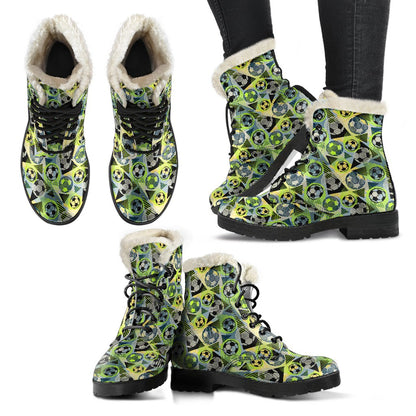 Soccer Ball Themed Print Pattern Faux Fur Leather Boots-JTAMIGO.COM