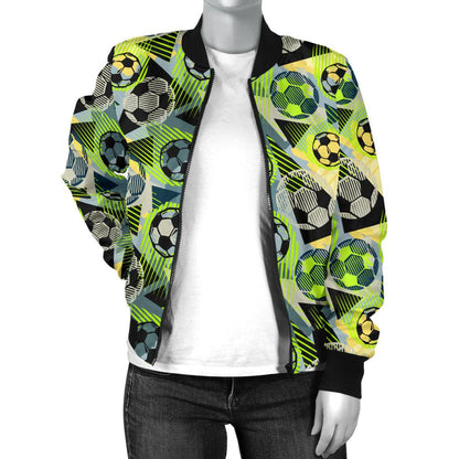 Soccer Ball Themed Print Pattern Women Casual Bomber Jacket