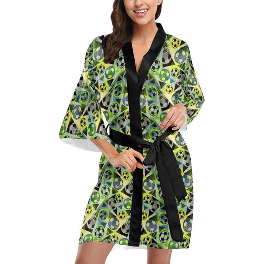 Soccer Ball Themed Print Pattern Women Short Kimono Robe