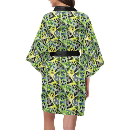 Soccer Ball Themed Print Pattern Women Short Kimono Robe