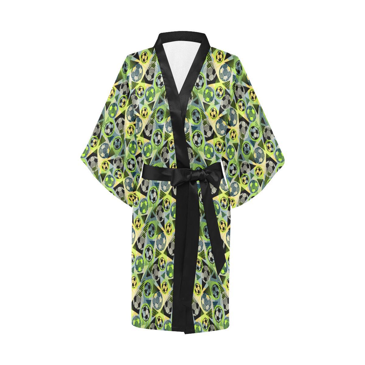 Soccer Ball Themed Print Pattern Women Short Kimono Robe
