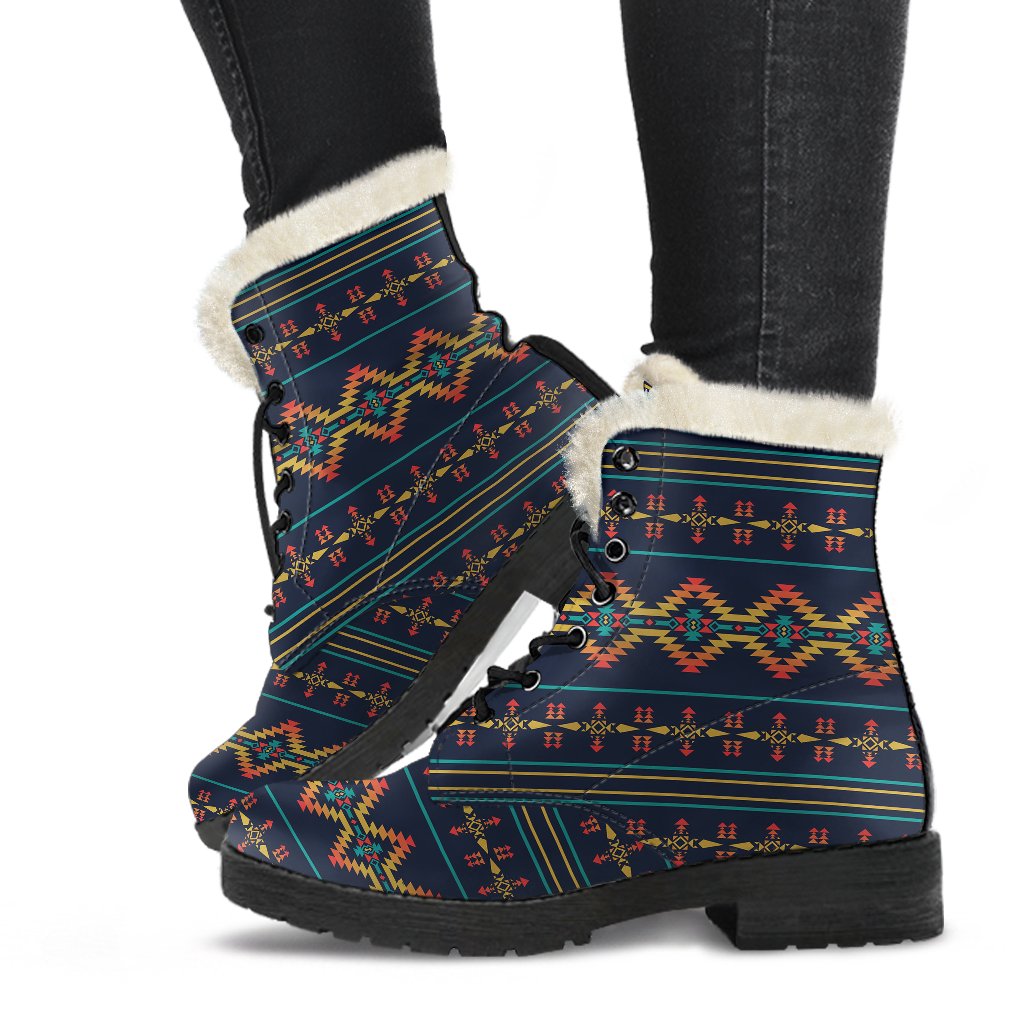 Southwest American Design Themed Print Faux Fur Leather Boots-JTAMIGO.COM